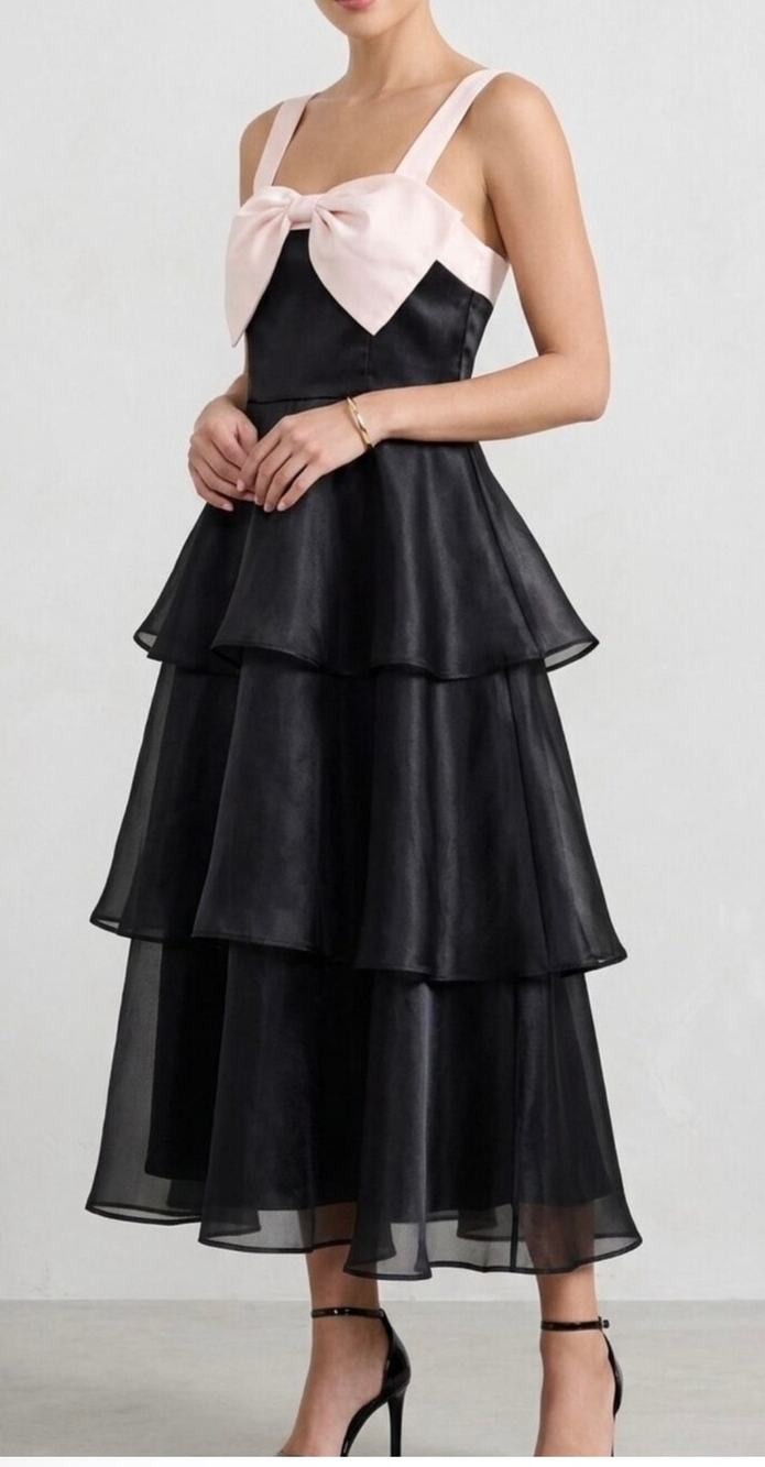 NWT! Lulus Untamed Elegance Black & Cream Organza Tiered Midi Dress S